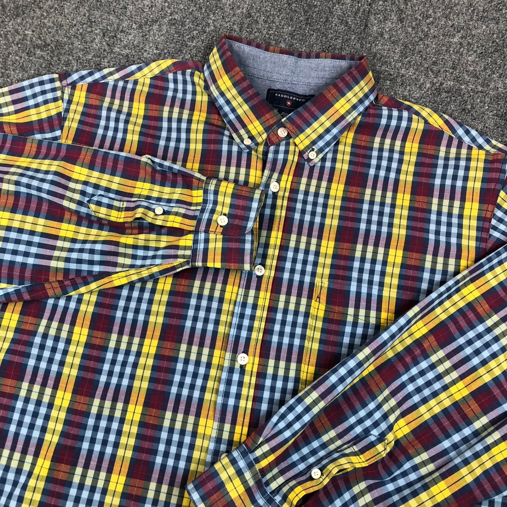 Saddlebred Mens Large Plaid Button Down Shirt Long Sleeve Yellow Blue Multicolor